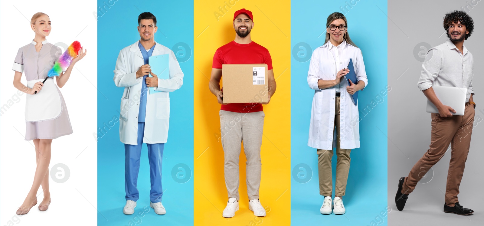 Image of People of different professions. Collage with portraits on various colors backgrounds