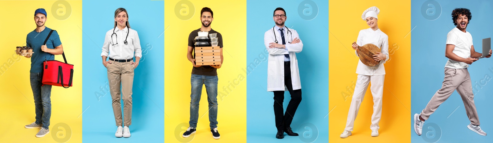 Image of People of different professions. Collage with portraits on various colors backgrounds