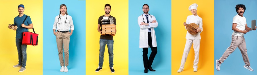Image of People of different professions. Collage with portraits on various colors backgrounds