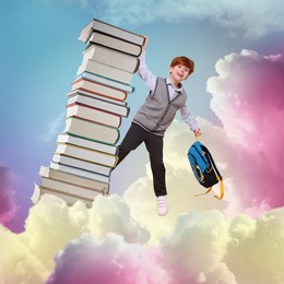 Image of Back to school. Happy boy with backpack and stacked books flying in sky