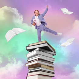 Image of Back to school. Cute girl dancing on stack of books in sky