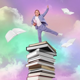 Back to school. Cute girl dancing on stack of books in sky