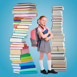 Image of Happy schoolgirl and stacks of books on light blue background. Back to school