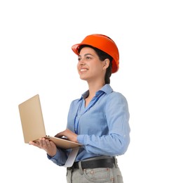 Photo of Engineer in hard hat with laptop on white background, low angle view