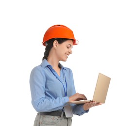 Photo of Engineer in hard hat with laptop on white background