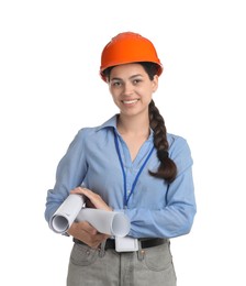 Photo of Engineer in hard hat with drafts on white background