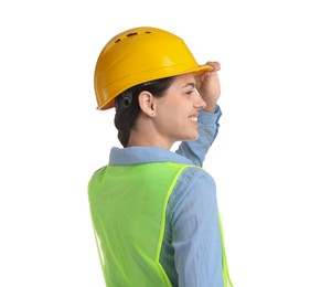 Photo of Engineer in hard hat on white background