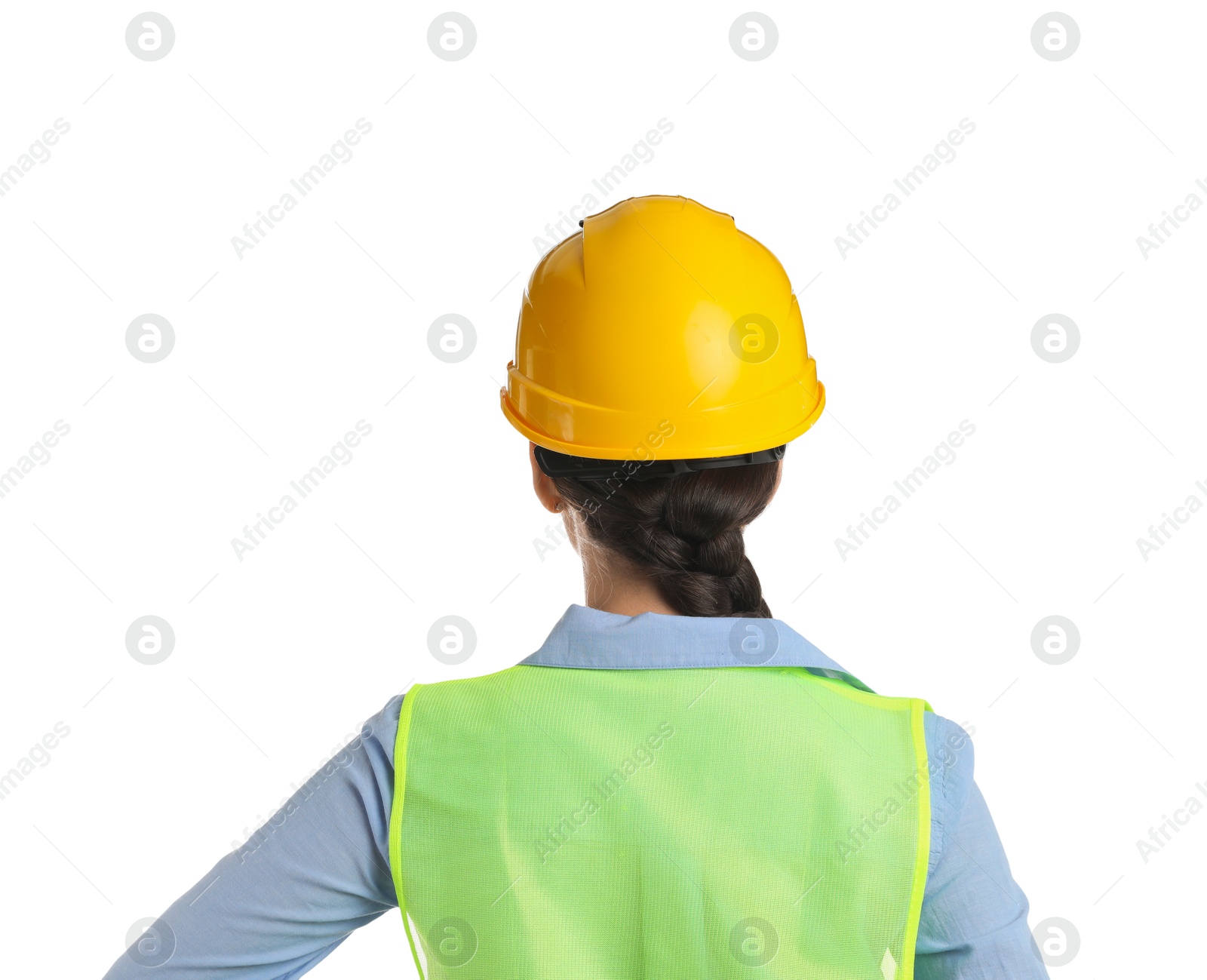 Photo of Engineer in hard hat on white background, back view