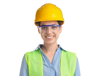 Photo of Engineer in hard hat and goggles on white background