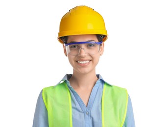 Engineer in hard hat and goggles on white background