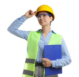 Engineer in hard hat with clipboard on white background