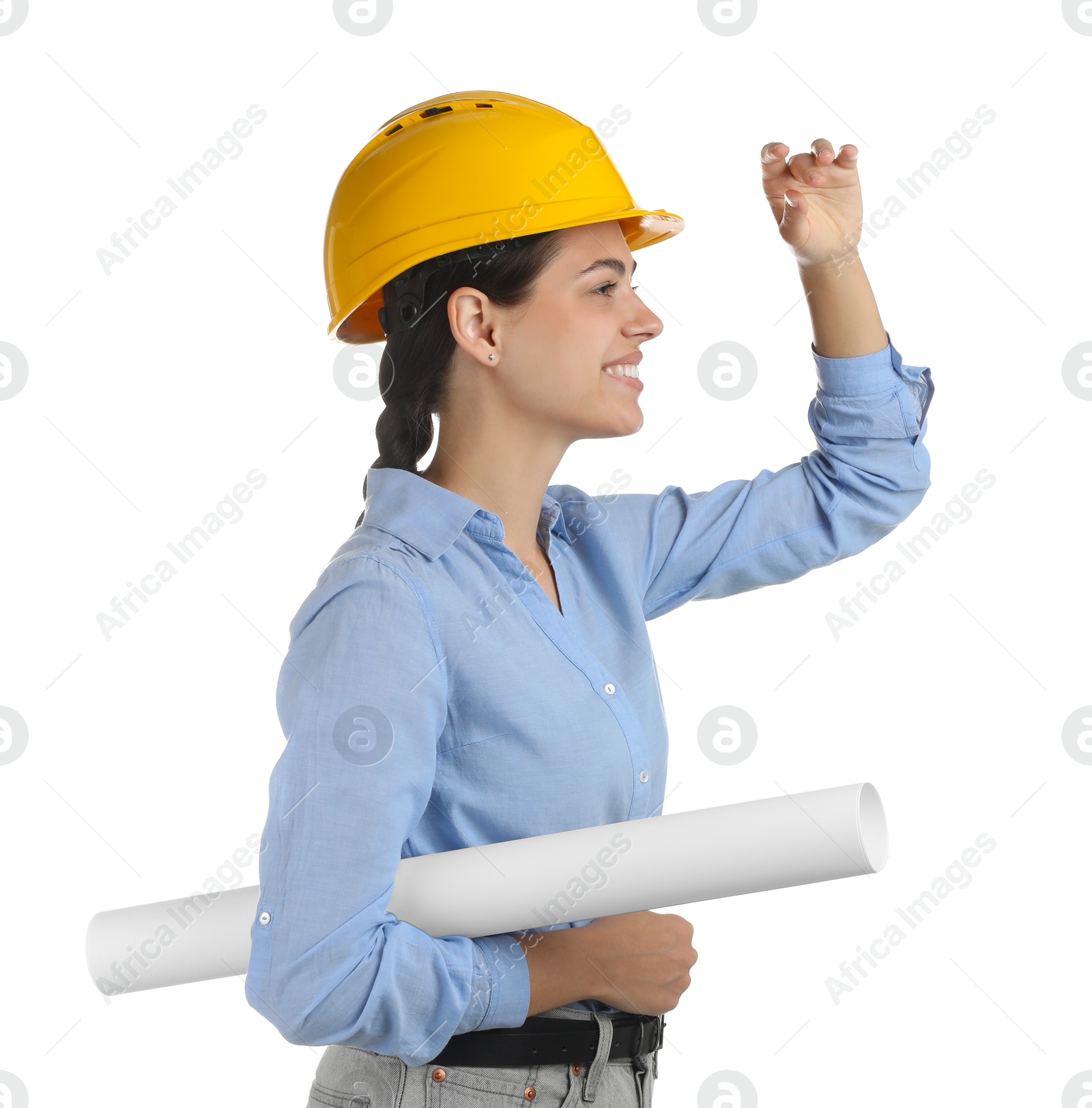 Photo of Engineer in hard hat with draft on white background