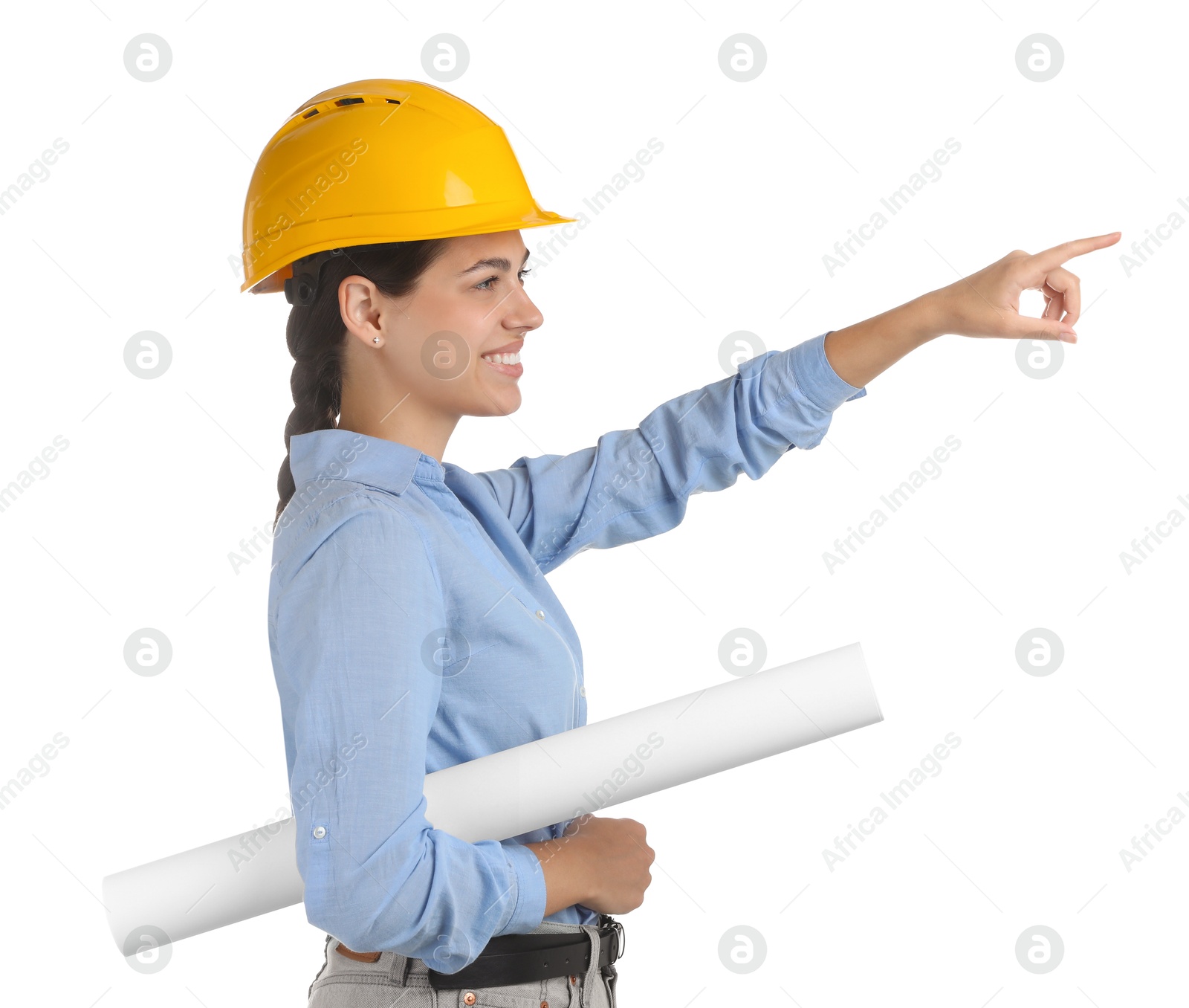 Photo of Engineer in hard hat with draft on white background