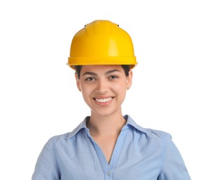 Photo of Engineer in hard hat on white background