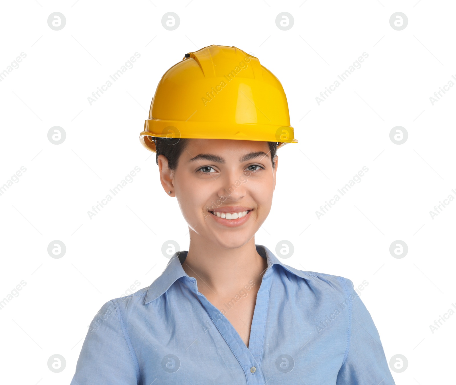 Photo of Engineer in hard hat on white background