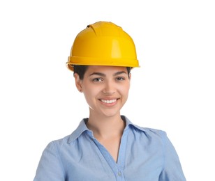 Engineer in hard hat on white background