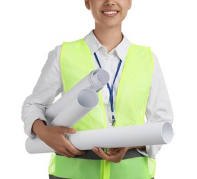 Engineer with drafts on white background, closeup