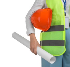 Photo of Engineer with hard hat and draft on white background, closeup