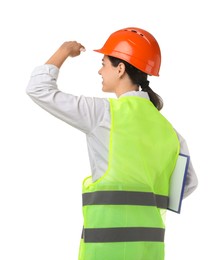 Photo of Engineer in hard hat with clipboard on white background