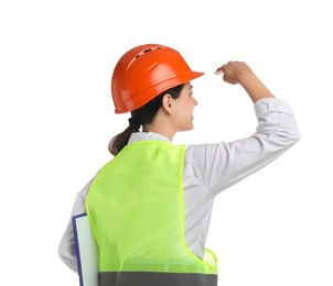 Engineer in hard hat with clipboard on white background