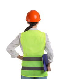 Photo of Engineer in hard hat with clipboard on white background, back view