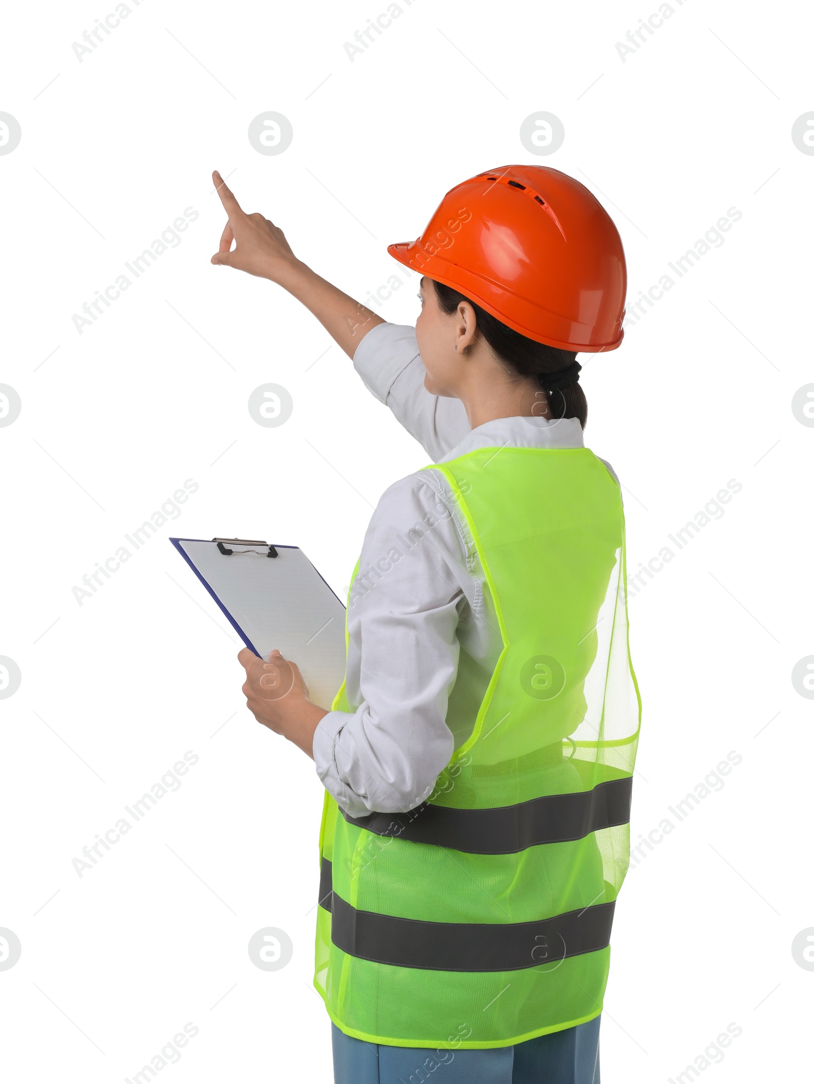 Photo of Engineer in hard hat with clipboard on white background