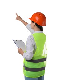 Photo of Engineer in hard hat with clipboard on white background