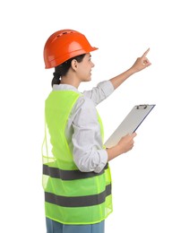 Engineer in hard hat with clipboard on white background