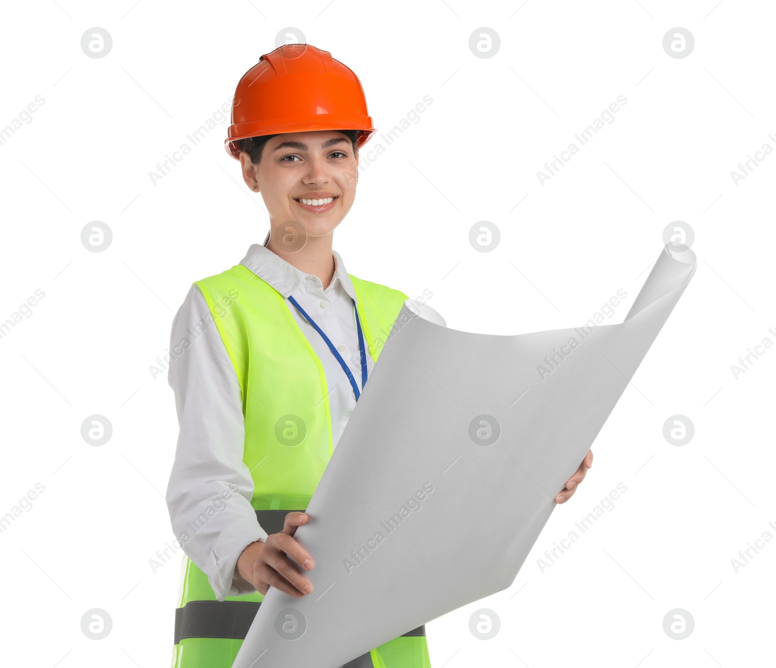 Photo of Engineer in hard hat with draft on white background