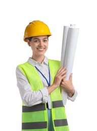 Engineer in hard hat with drafts on white background