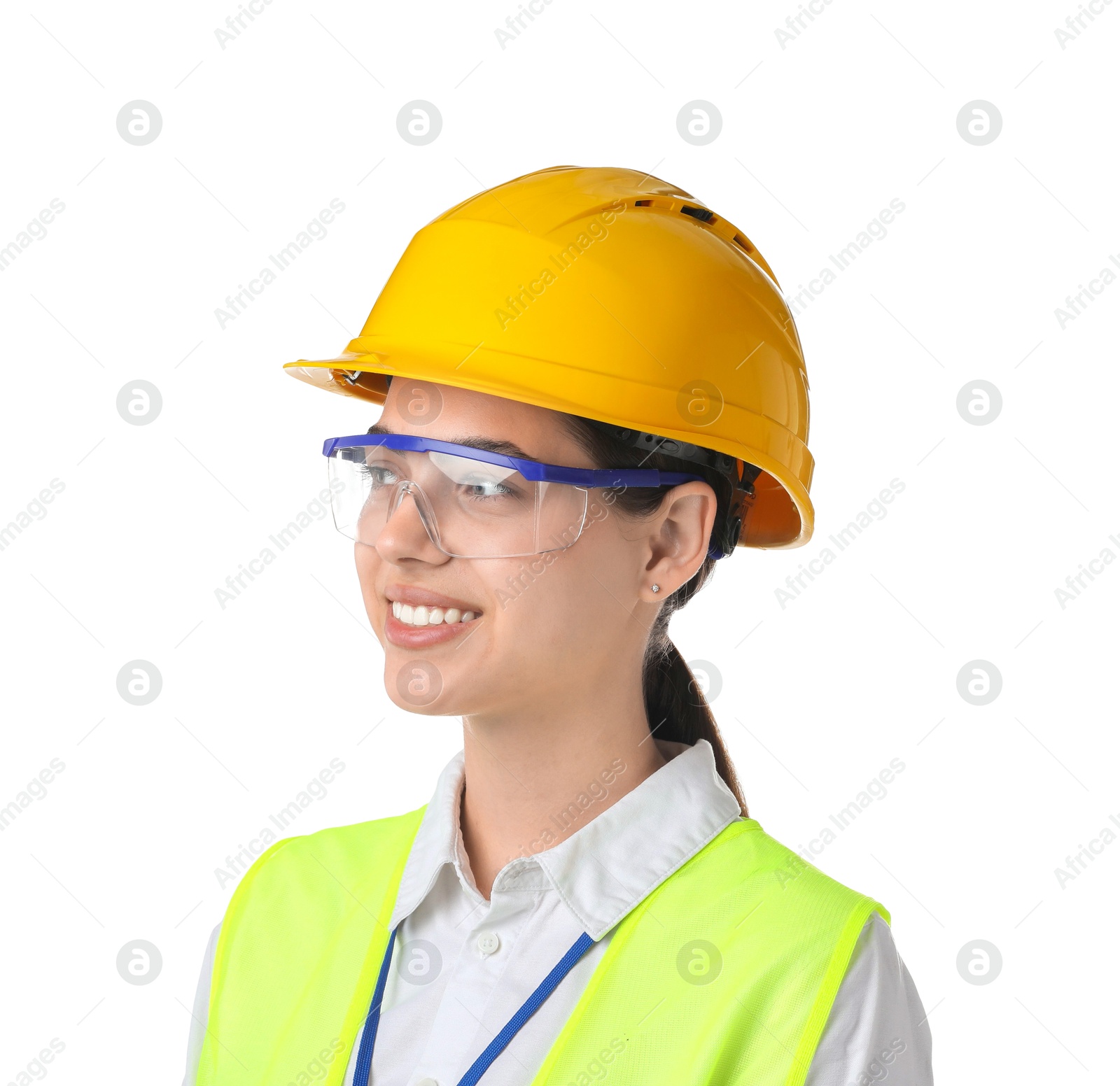 Photo of Engineer in hard hat and goggles on white background