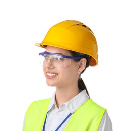 Photo of Engineer in hard hat and goggles on white background