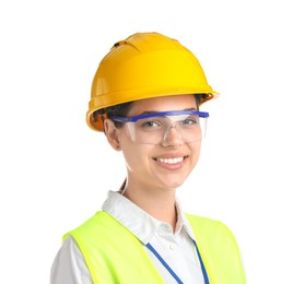 Photo of Engineer in hard hat and goggles on white background