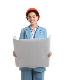 Photo of Engineer in hard hat with draft on white background