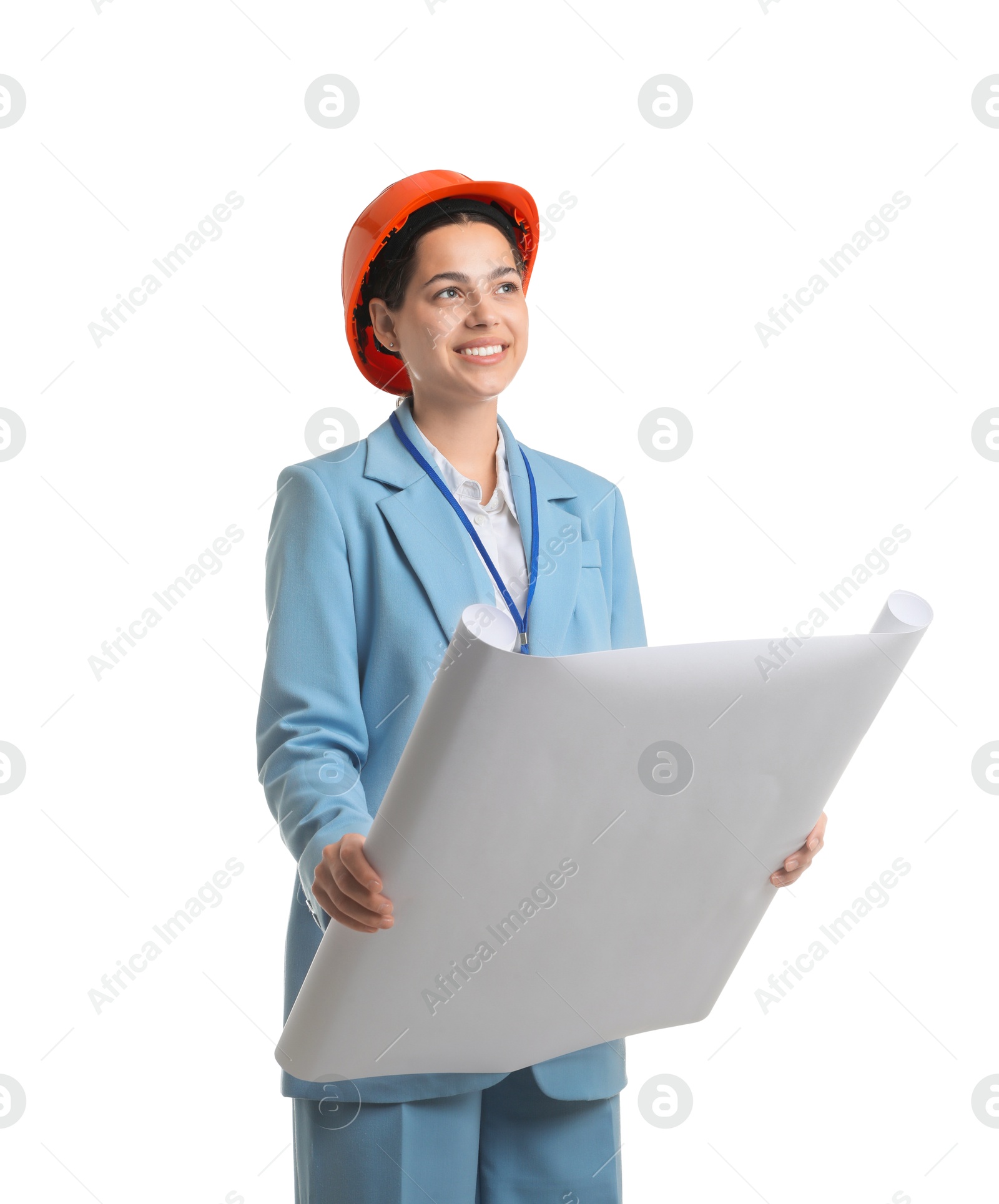 Photo of Engineer in hard hat with draft on white background