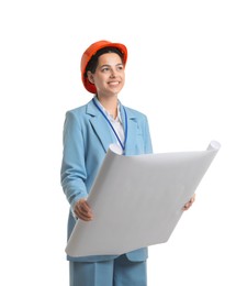 Engineer in hard hat with draft on white background