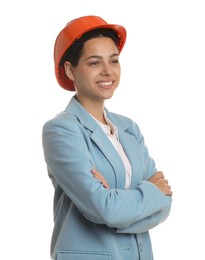 Engineer in hard hat on white background