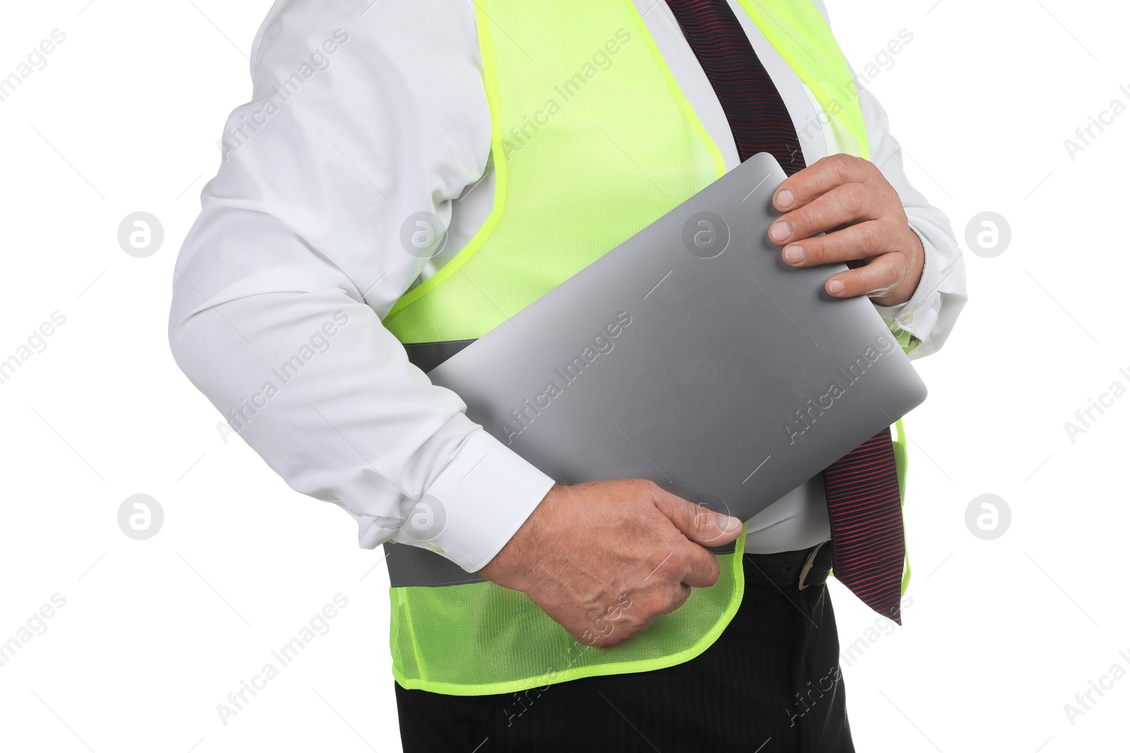 Photo of Engineer with laptop on white background, closeup