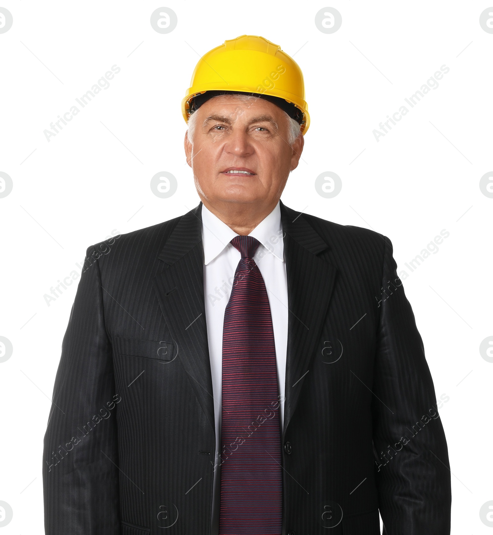 Photo of Engineer in hard hat on white background