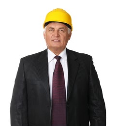 Engineer in hard hat on white background