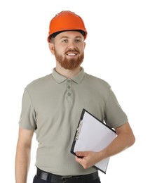 Photo of Engineer in hard hat with clipboard on white background