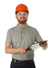 Engineer in hard hat with clipboard on white background