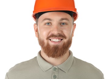 Photo of Engineer in hard hat on white background