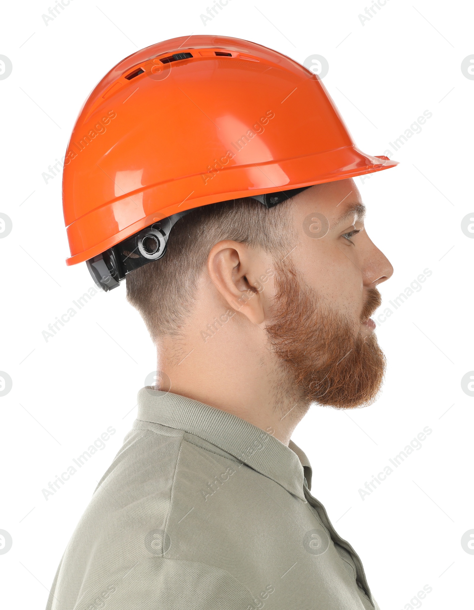 Photo of Engineer in hard hat on white background