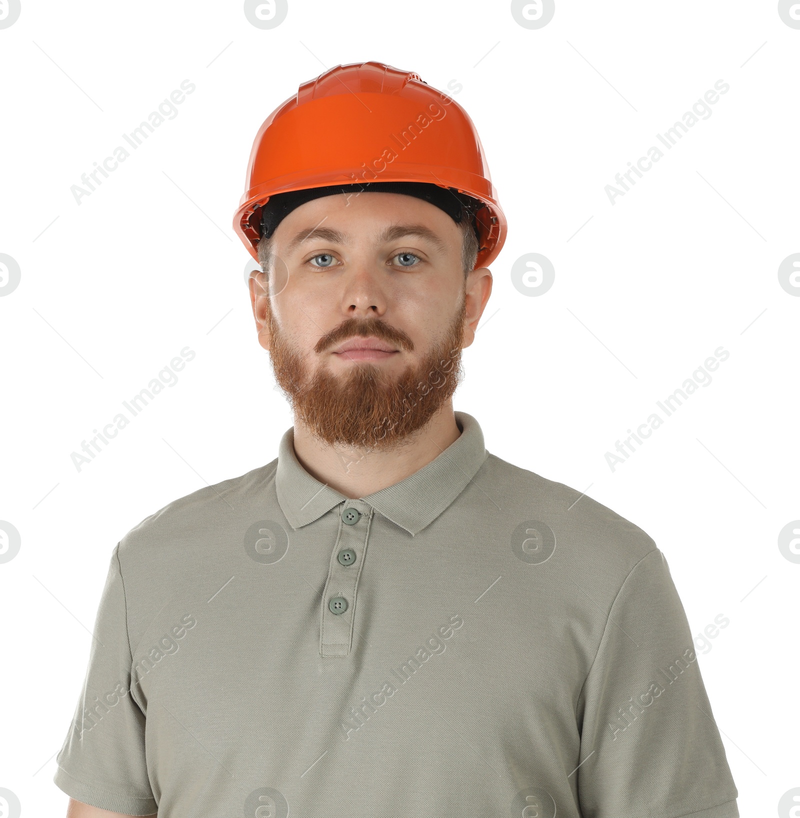 Photo of Engineer in hard hat on white background