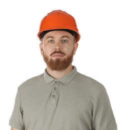 Photo of Engineer in hard hat on white background