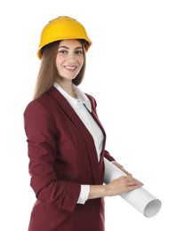 Photo of Engineer in hard hat with draft on white background