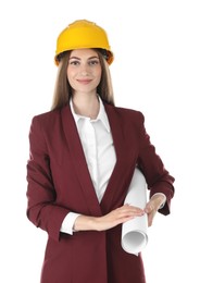 Photo of Engineer in hard hat with draft on white background