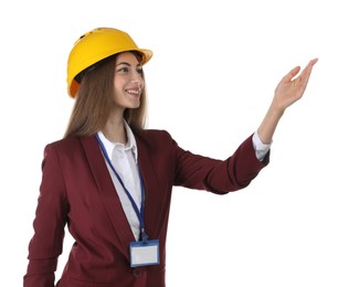 Engineer in hard hat on white background