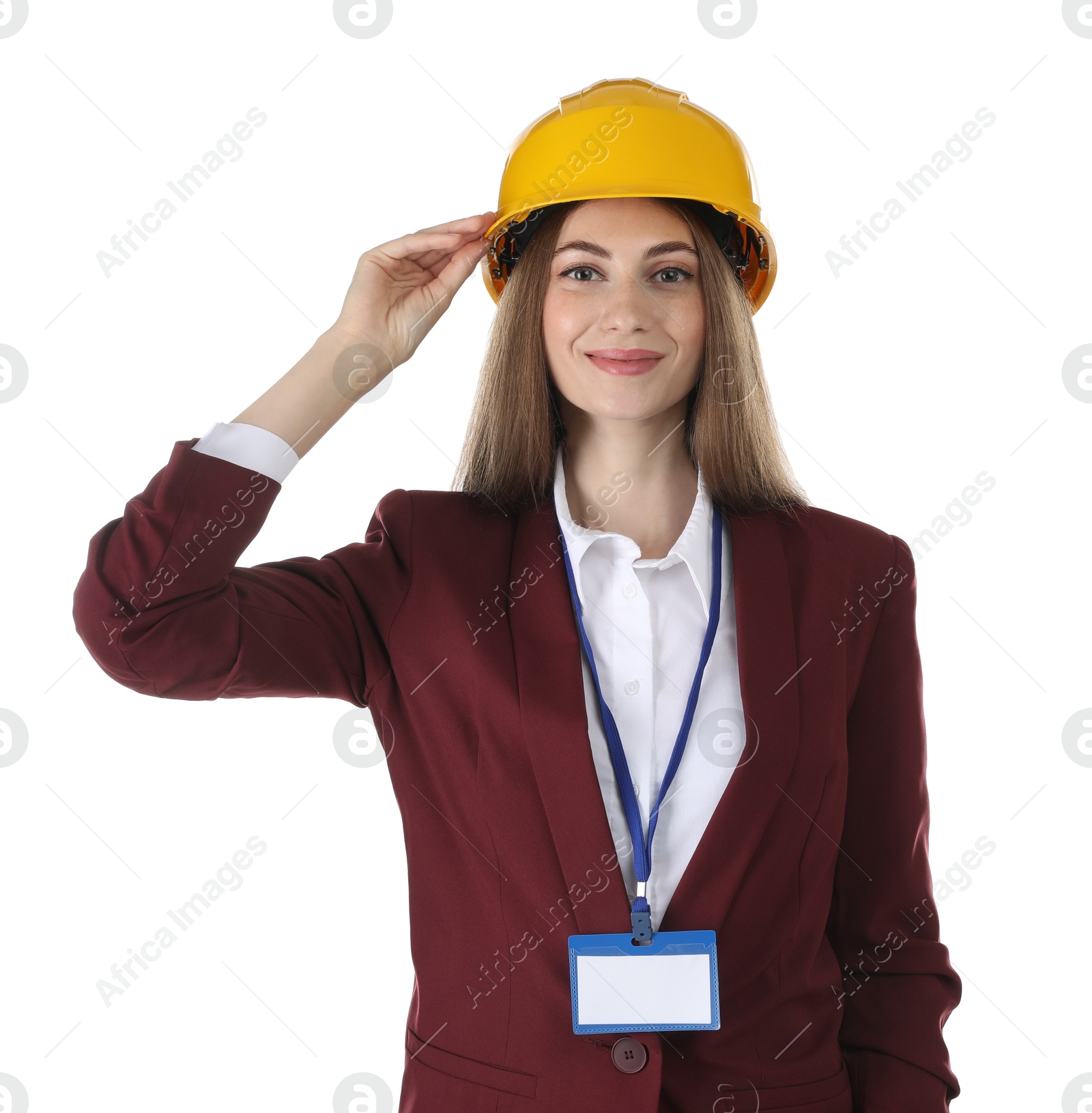 Photo of Engineer in hard hat on white background